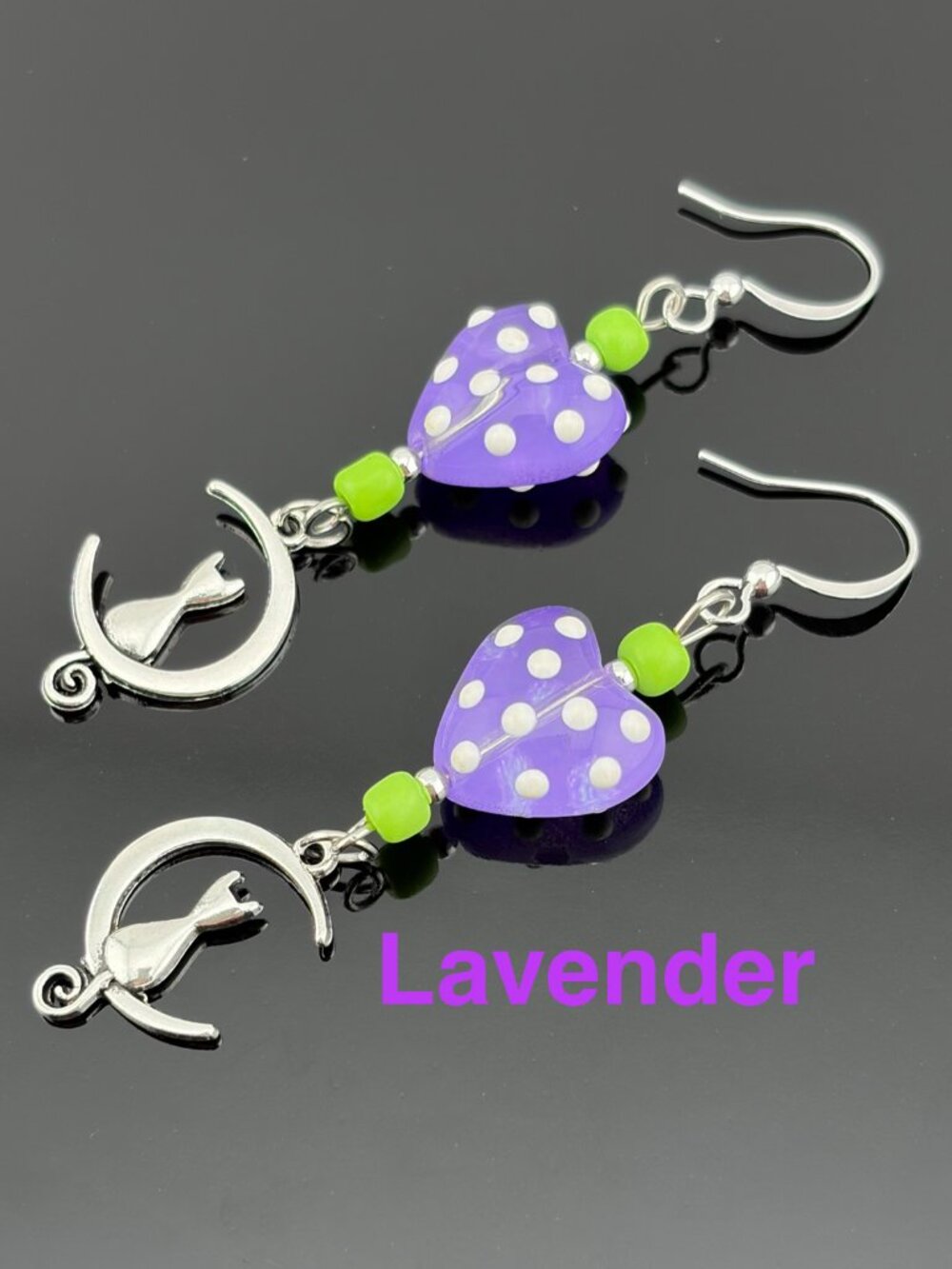 Cat On Moon Polka Dot LAVENDER Heart Glass Bead Handmade Earrings LR242